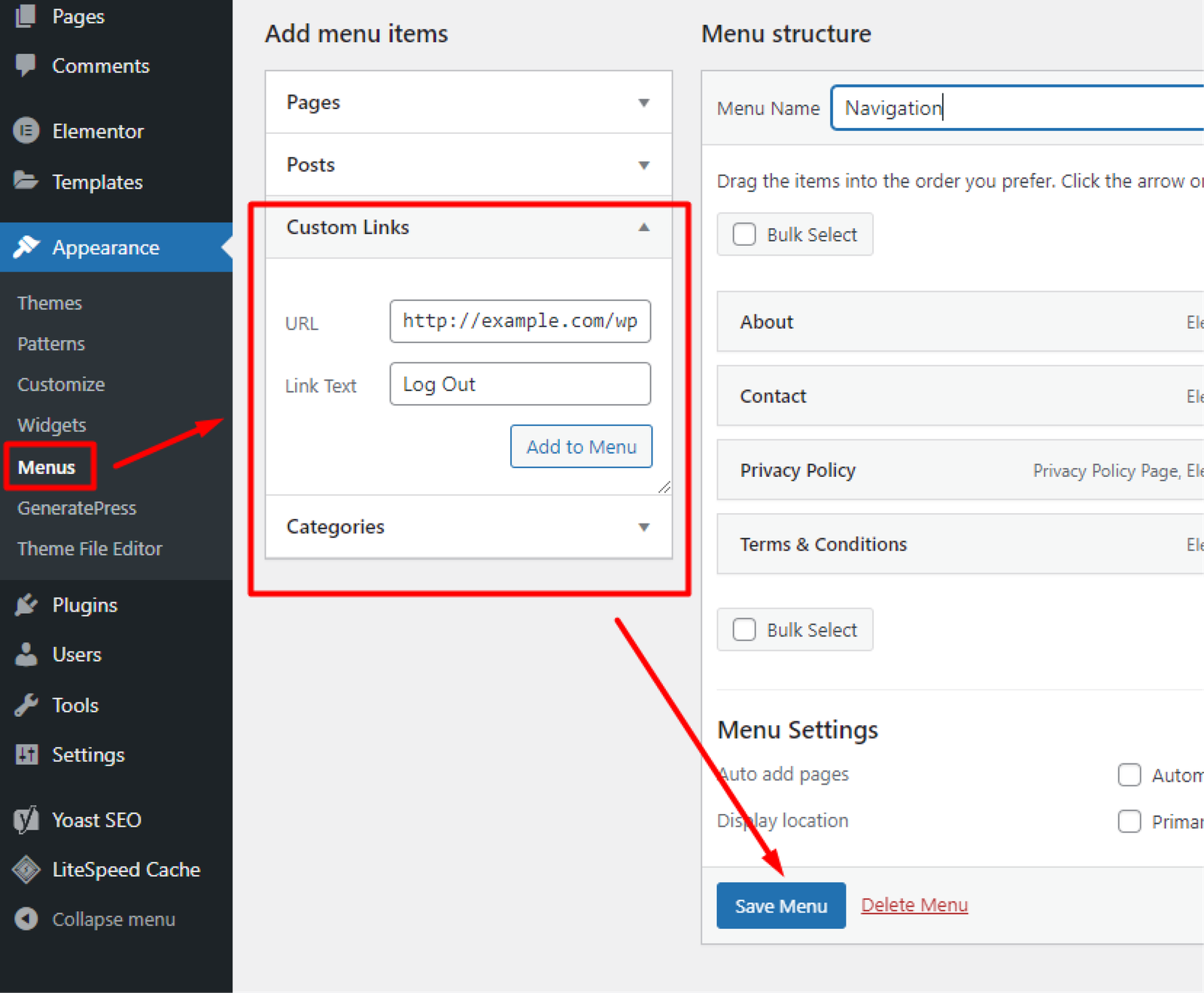 Adding the Log Out Link in WordPress Navigation Menus